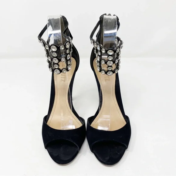 Schutz Size 6B Black Stiletto Heel Sandals with Bejeweled Rhinestone Ankle Strap - Picture 6 of 10